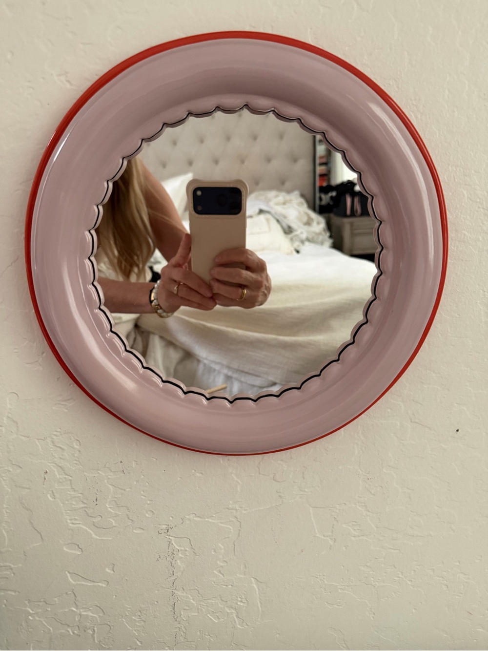 Anthropologie Round Pink and Red Scalloped Wall Mirror